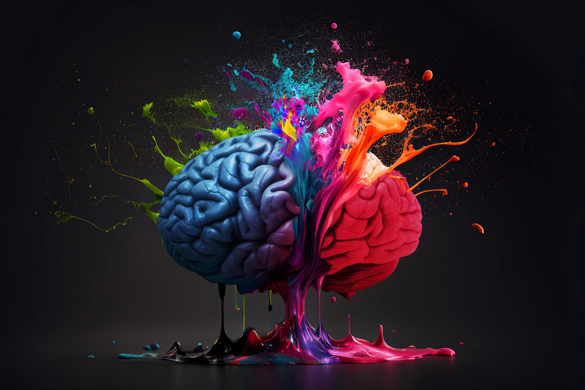 An explosion of colorful paint splashes emerging from a brain, representing the creative boost from terpenes for creativity.