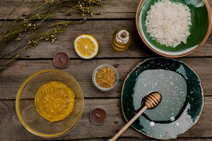 Natural ingredients in dishes and bowls show the new skin health approach that uses terpenes in skincare.